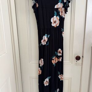 Loveappella Black Dress with Flutter Sleeves and Floral Accents